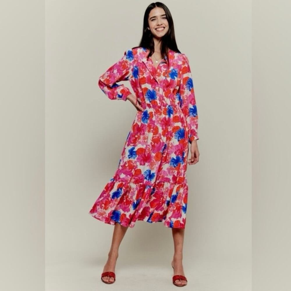 Tuckernuck Womens Juliette Dress Pink Tiered Silk XS Floral Long Sleeve Ruffle